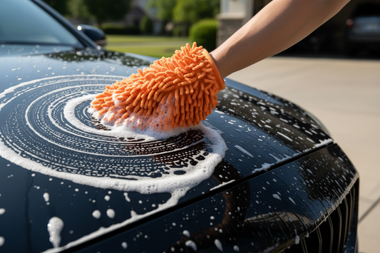 Person using orange wash mitt on soapy car hood