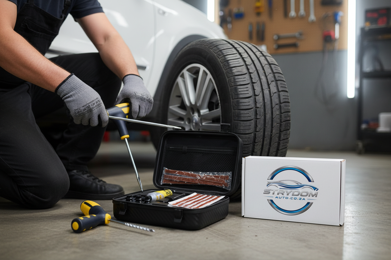 Lifestyle shot showing tire repair kit being used on vehicle