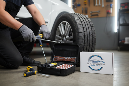 Lifestyle shot showing tire repair kit being used on vehicle