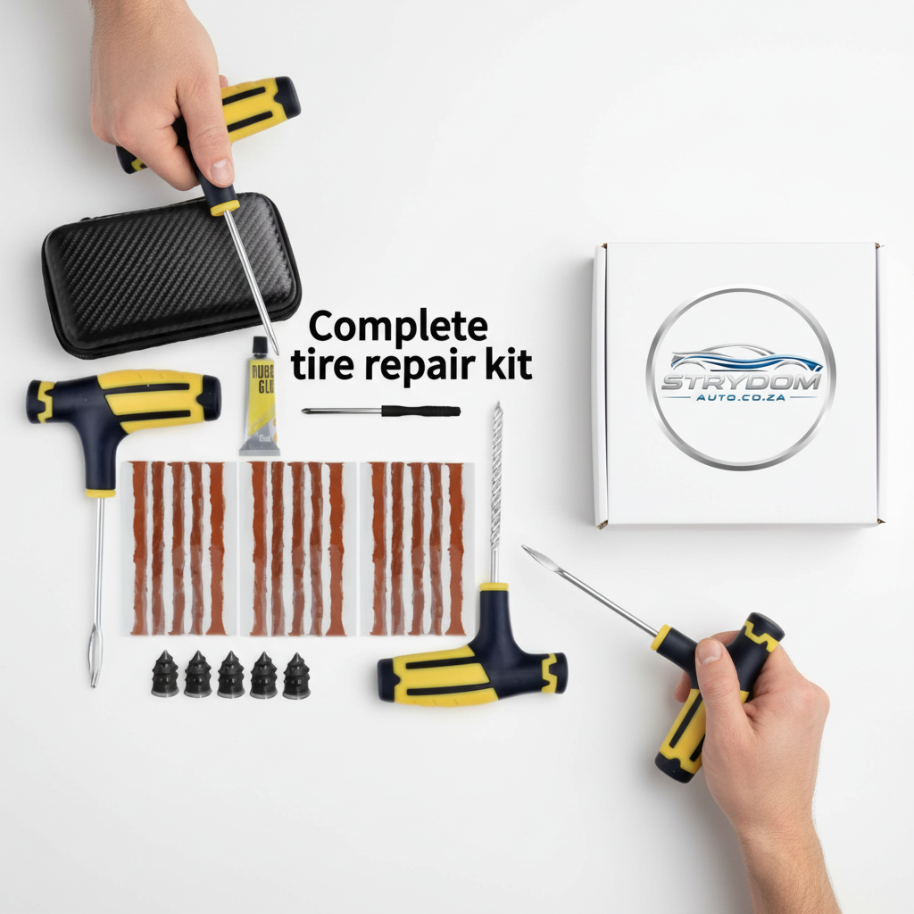 Premium flat lay of complete tire repair kit