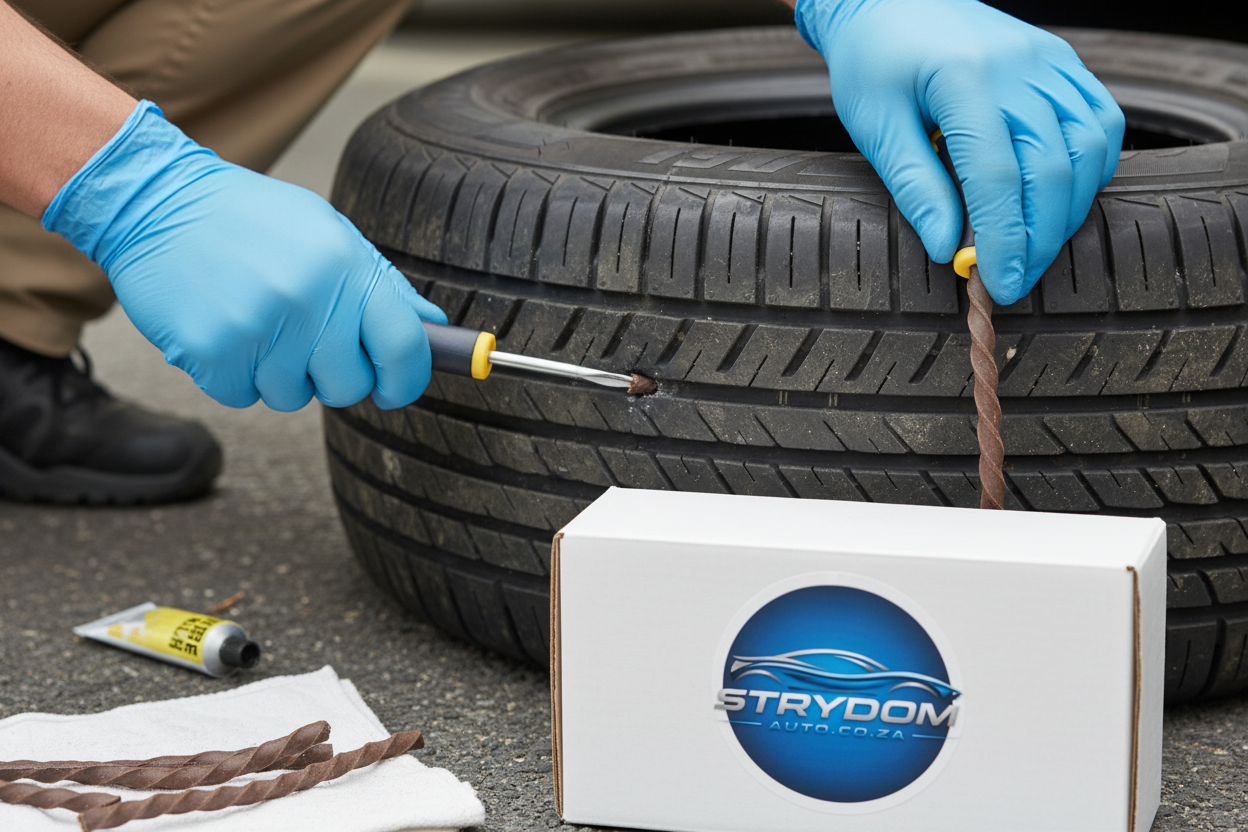 Close-up demonstration of tire repair process