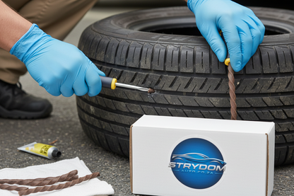 Close-up demonstration of tire repair process