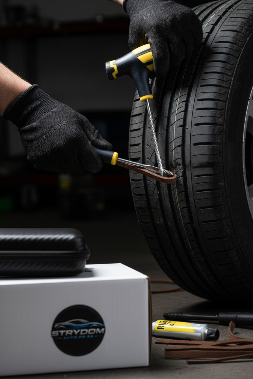 Detailed action shot of tire repair tool in use