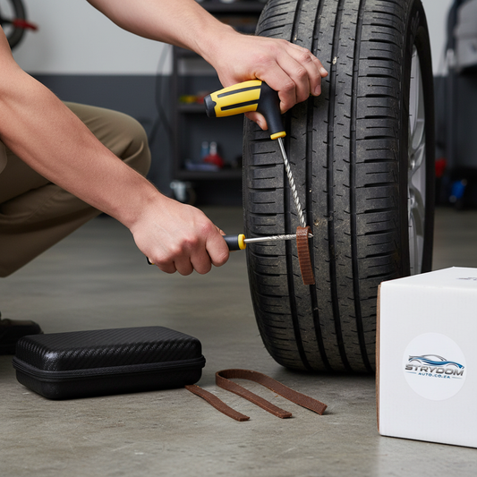 Tire repair kit in use with StrydomAuto.co.za branded packaging