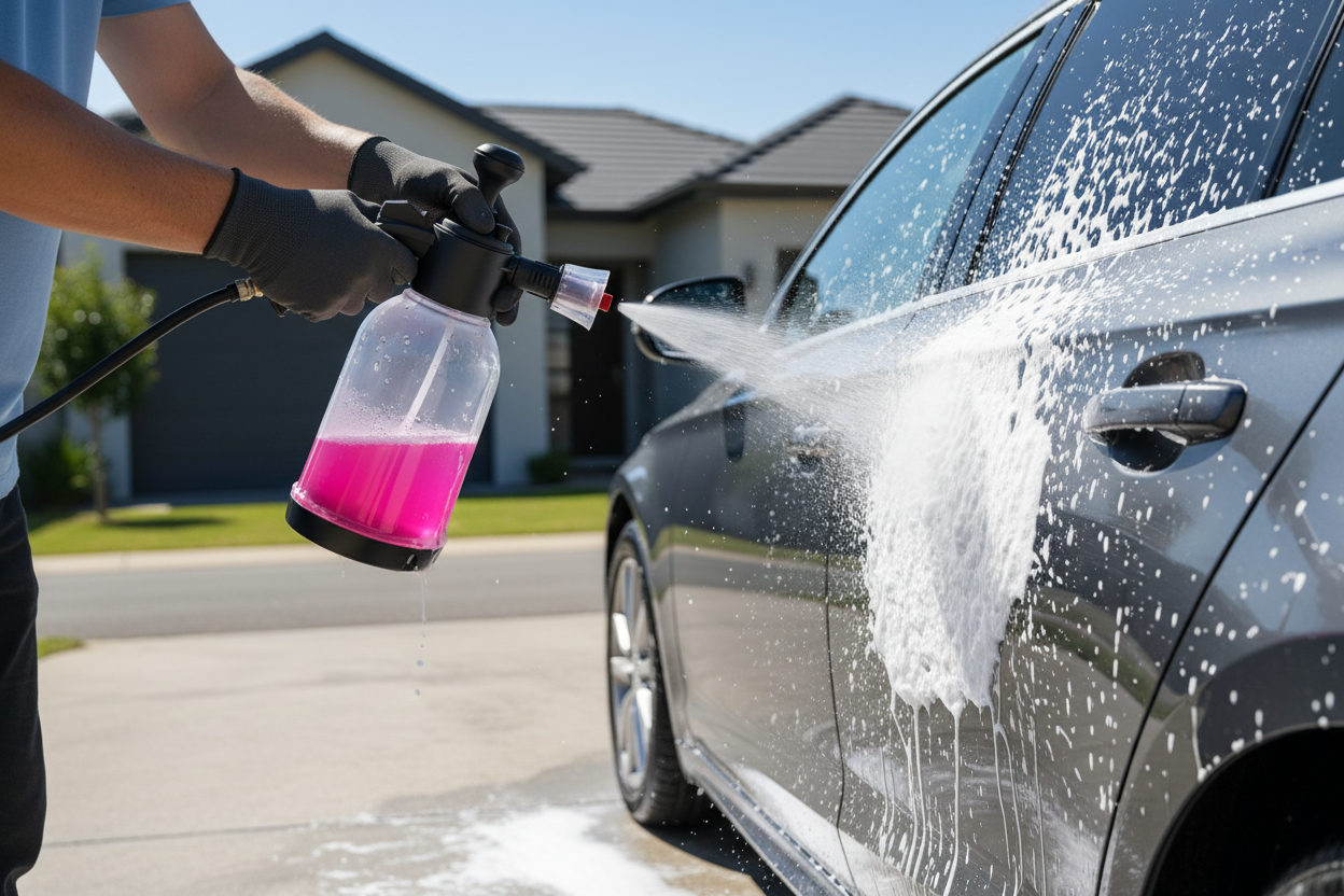 Person using foam sprayer on car