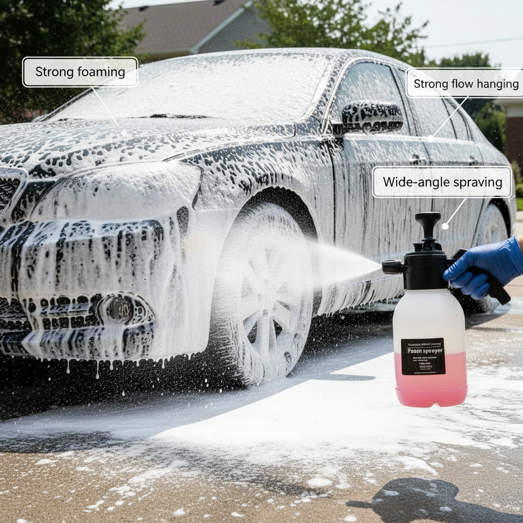 Realistic foam sprayer photo with feature callouts